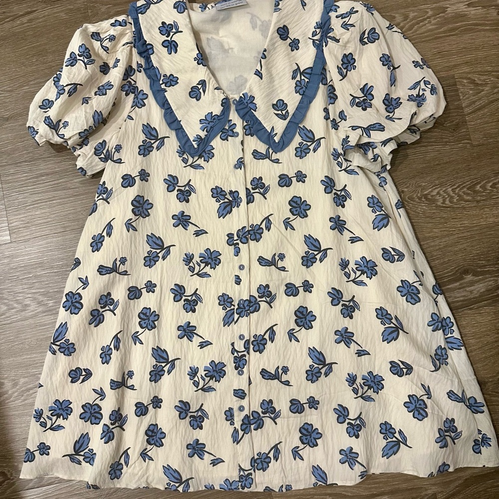 Zoco Floral Puff Sleeve Dress with Blue Floral Print - FREE SHIPPING
